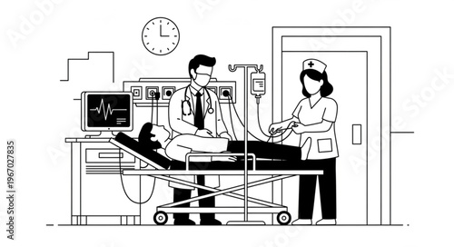 Medical professionals attend to patient on gurney in hospital room.