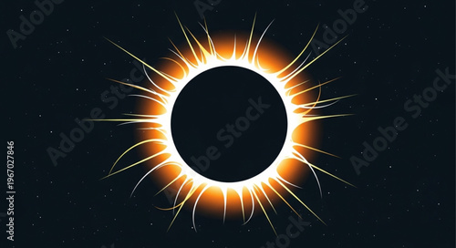 Solar eclipse corona bright fiery rays dark sky.