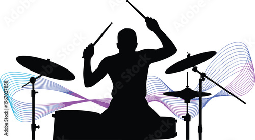Energetic drummer silhouette playing full drum set with colorful abstract sound waves background, vibrant music rhythm vector illustration design