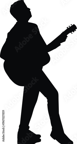 Expressive acoustic guitar player silhouette performing dynamic music posture vector illustration design for creative artistic stock content and rhythm energy