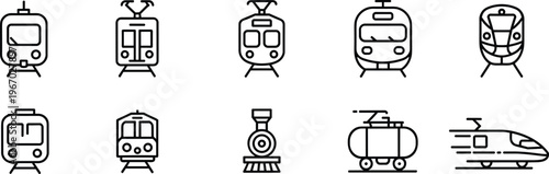 Train transport icon set, railway vehicle symbols collection, metro locomotive vector line icons, minimal outline design elements transportation pack