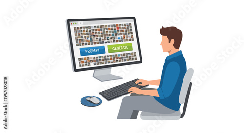 A man sits at a desk, typing on a keyboard and using a mouse, looking at a computer monitor displaying a grid of images with PROMPT and GENERATE buttons.