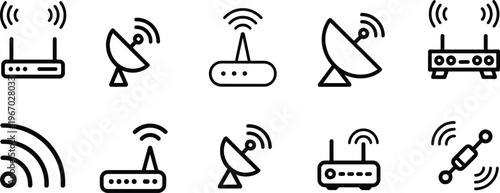 Wireless network icon set, wifi router and signal symbols collection, communication vector line icons, internet connectivity outline design pack