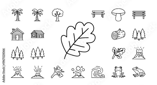 Forest Icons Set with Trees Palm Cabin Mushroom Frog Volcano Editable Vector