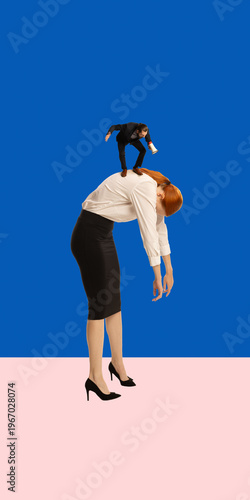 Businessman speaking through megaphone while standing on employee back on minimal background. Concept of communication hierarchy, leadership messaging, influence and top down management style.