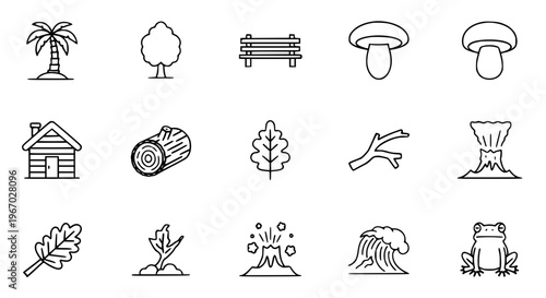 Editable Forest Icon Set with Trees Palm Cabin Mushroom Frog Volcano Vector