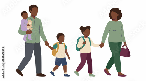 African American family with children walking together, flat illustration