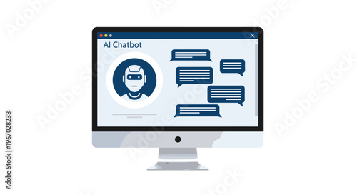 A sleek silver monitor displays a clean AI chatbot interface with a blue robot avatar and multiple chat bubbles.