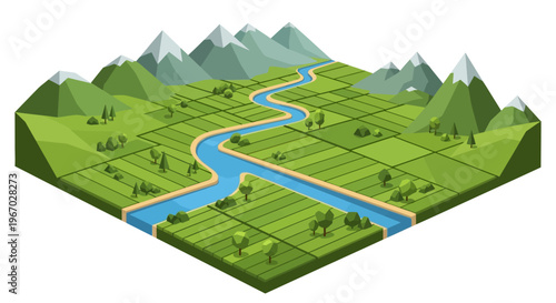 Isometric Landscape With River and Mountains.