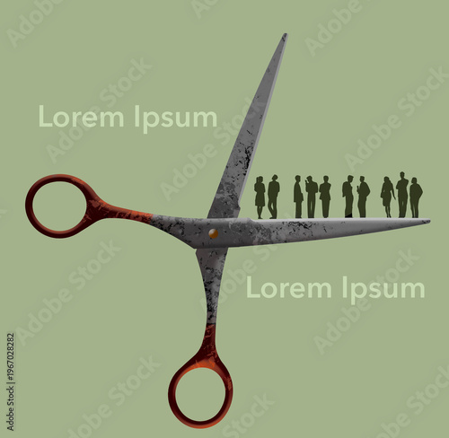 Ten employees stand on a scissor blade as they are about to be cut from their jobs in a 3-d illustration.