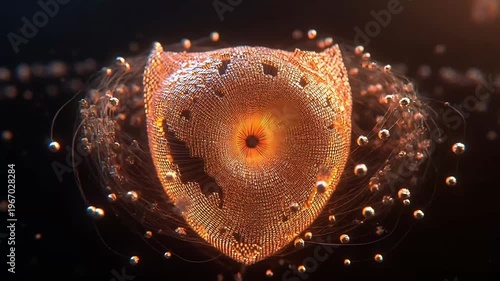 Glowing shield with orange light bursts around it on a dark background