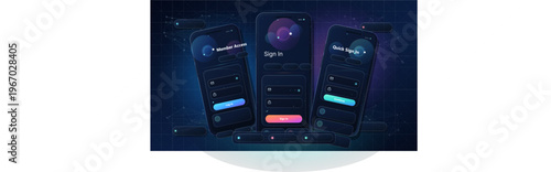 Three smartphone sign in screens with futuristic neon dark UI, secure mobile app authentication interface, login form design concept for user access and digital security illustration