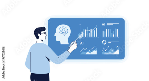 A man in a light blue shirt and glasses points at a large blue screen displaying an AI head icon and various data charts.