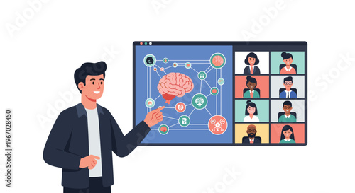 A man in a dark jacket points at a large screen displaying a brain network diagram and a grid of nine video conference participants.