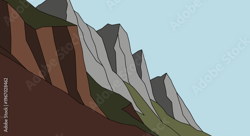 Stylized Mountain Range with Clear Blue Sky.