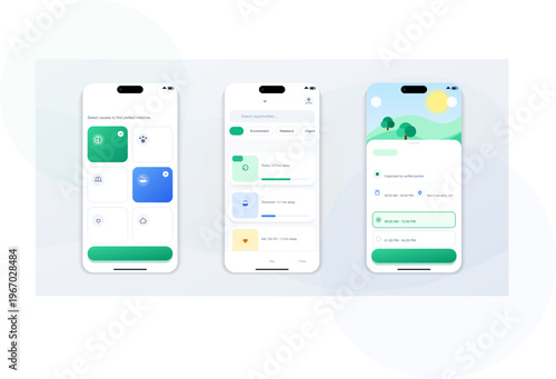 Clean modern mobile app UI UX design template for volunteer and charity causes on smartphone screens.