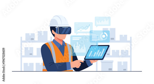A construction worker in a hard hat and safety vest wears a VR headset while interacting with a tablet displaying data graphs in a warehouse.