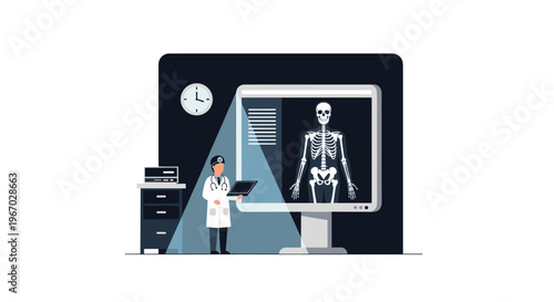 A doctor in a white coat holds a tablet next to a large monitor displaying a full human skeleton X-ray in a medical office.