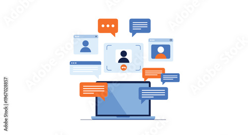 A blue laptop displays a video call interface surrounded by multiple floating chat bubbles and user profile windows on a white background.