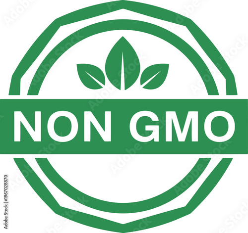 Non GMO Certified Badge Icon with Green Leaves for Organic and Natural Food Packaging Labels