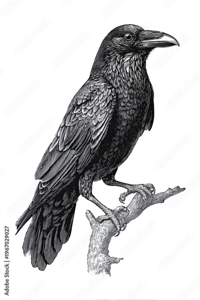 Fototapeta premium Raven bird perched on branch detailed engraving sketch illustration isolated on white background