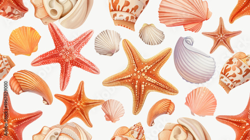 Watercolor sea shells and starfish seamless pattern design on white background