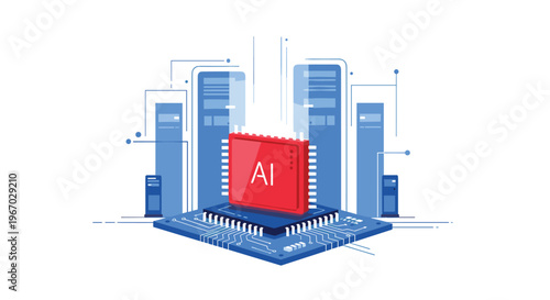A red AI chip is positioned on a blue circuit board with four server racks in a bright white setting.