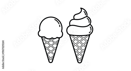 Vector illustration of two ice cream cones with different scoops and toppings