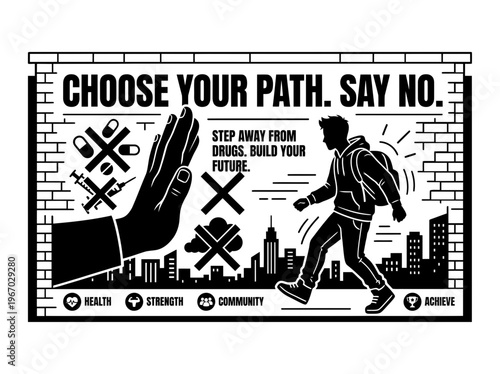 Drug refusal hand symbol with pills