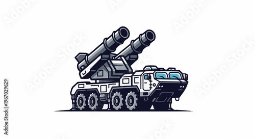 Heavy military vehicle with twin rocket launchers, futuristic design
