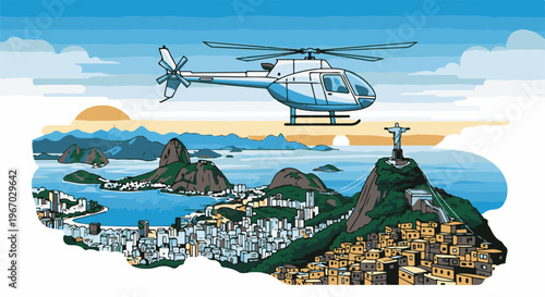 Helicopter flies over city, mountains, ocean, and favela with a famous statue