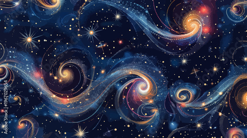 Abstract celestial swirl pattern with stars and nebulas for background design