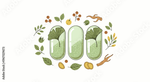 Herbal capsules with ginkgo leaves, berries, and roots