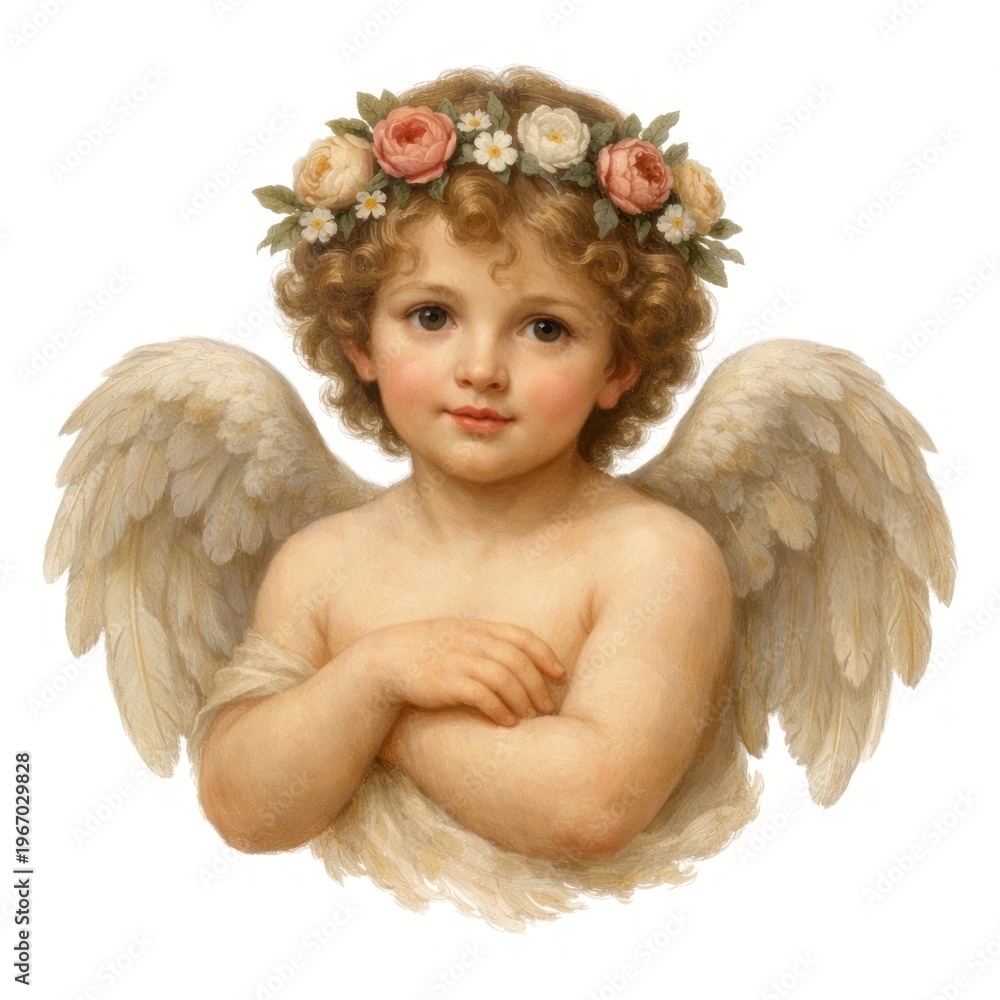 Fototapeta premium Cherubic angel with floral crown.