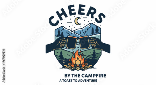 Hands hold mugs for a toast with mountains and campfire below
