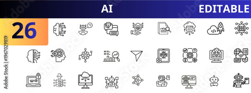 Artificial intelligence system outline icons set. ai technology, machine learning, chatbot communication, data analytics, cloud computing, neural network, automation tools