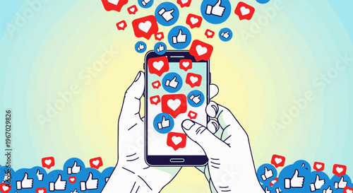 Hands holding a phone, showered with social media likes and hearts