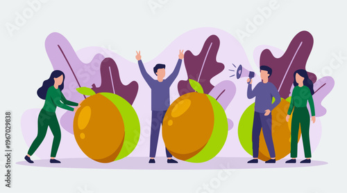 Teamwork and communication around healthy produce in a vibrant illustration