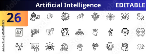 Artificial intelligence outline icons set. robot assistant, machine learning, neural network, automation system, chatbot support, data analysis, smart technology, digital brain