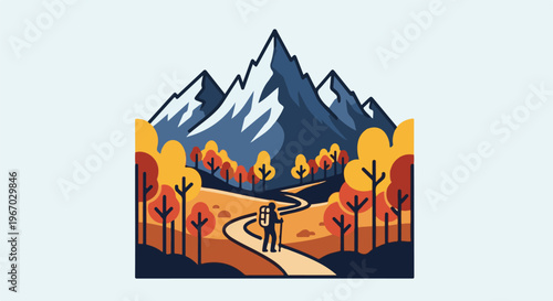 Hiker on path amidst colorful trees leading to snow-capped mountains