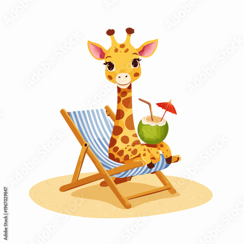 Niedliche Giraffe auf Holz-Sonnenliege mit Kokos-Cocktail am Strand – Aquarell Kinderdesign