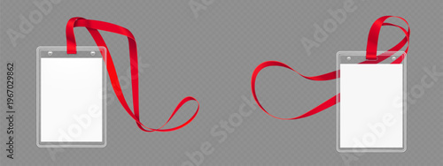 Id badge mockup with blank white paper, transparent plastic card holder and red lanyard, realistic vector isolated on transparent background. Design template for corporate office staff identification