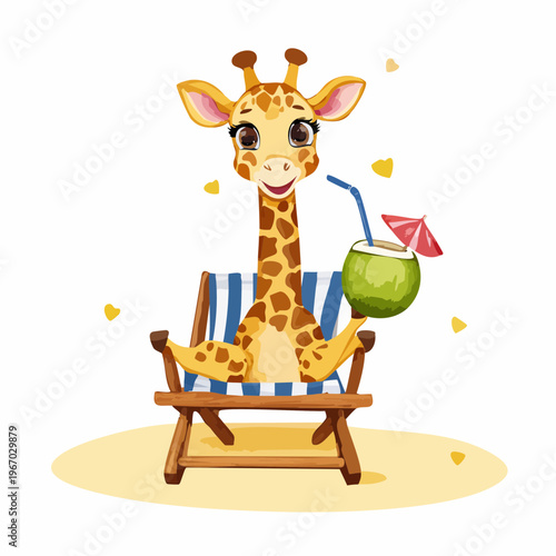 Niedliche Giraffe auf Holz-Sonnenliege mit Kokos-Cocktail am Strand – Aquarell Kinderdesign