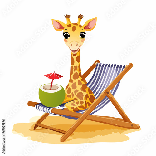 Niedliche Giraffe auf Holz-Sonnenliege mit Kokos-Cocktail am Strand – Aquarell Kinderdesign
