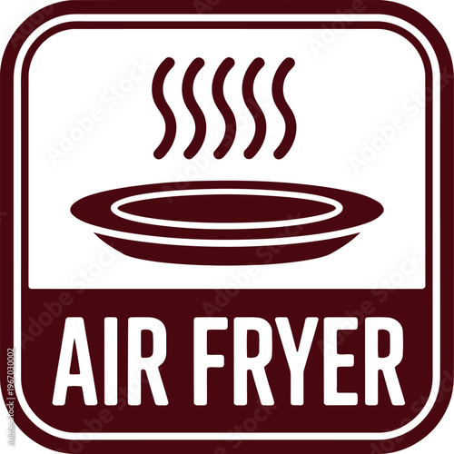 Air fryer icon with hot plate and steam symbol for healthy cooking and kitchen appliance branding