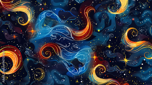 Abstract celestial illustration with swirling elements and glowing starry sky