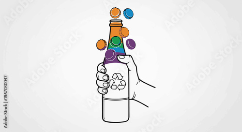 Hand holding a colorful bottle with caps falling and a recycling symbol