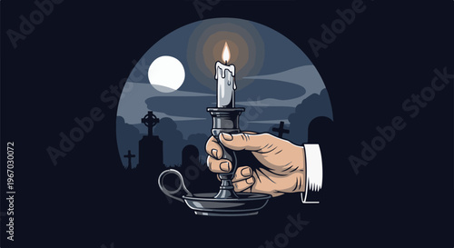 Hand holding a lit candle in a cemetery at night under a full moon