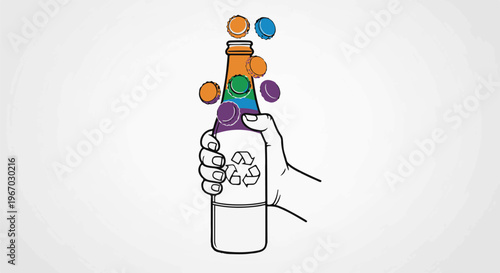 Hand holding bottle with rainbow colors and recycling symbol