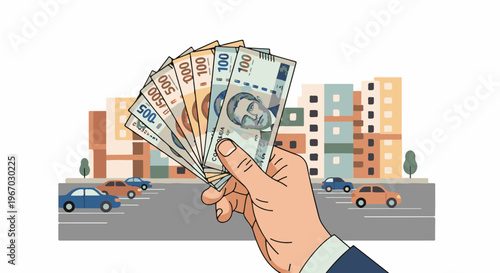 Hand holding cash with cityscape and cars in background